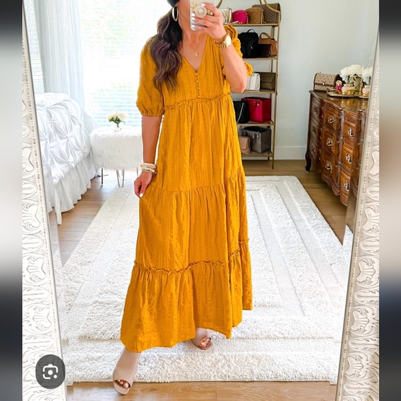 Time & Tru Yellow Gold Mustard Size Small Tiered Maxi Dress V Neck - Picture 1 of 9